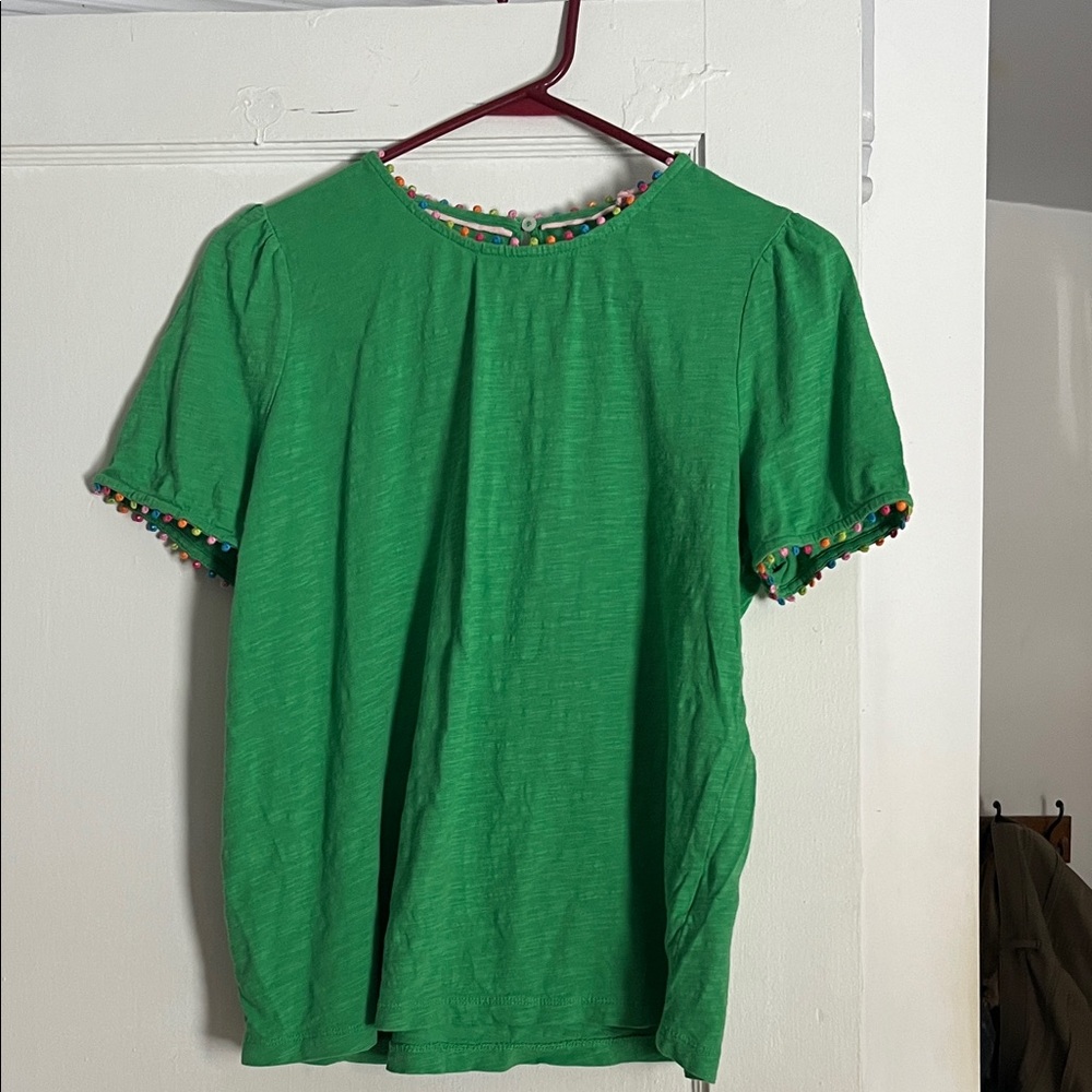 Boden Green Short Sleeve Top with Colorful Pom-Pom Trim